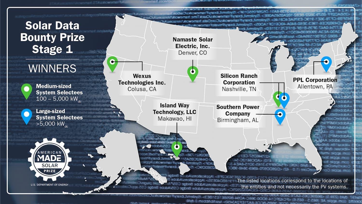 Map with finalists from stage 1 of American-Made Challenges' Solar Data Bounty Prize