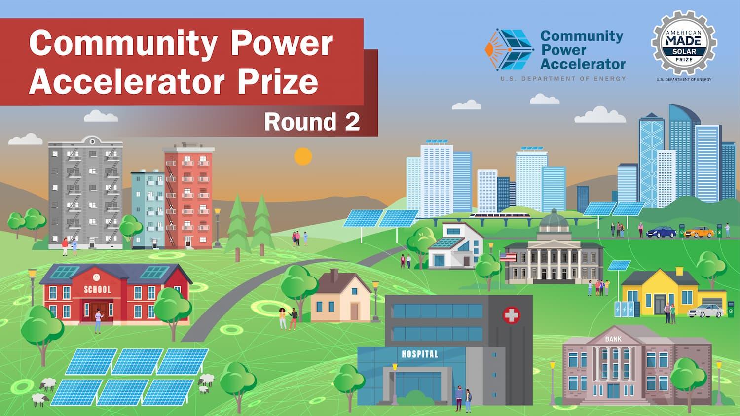 a graphic illustration of a small community powered by solar. With text that says Community Power Accelerator, American-Made Solar Prize.