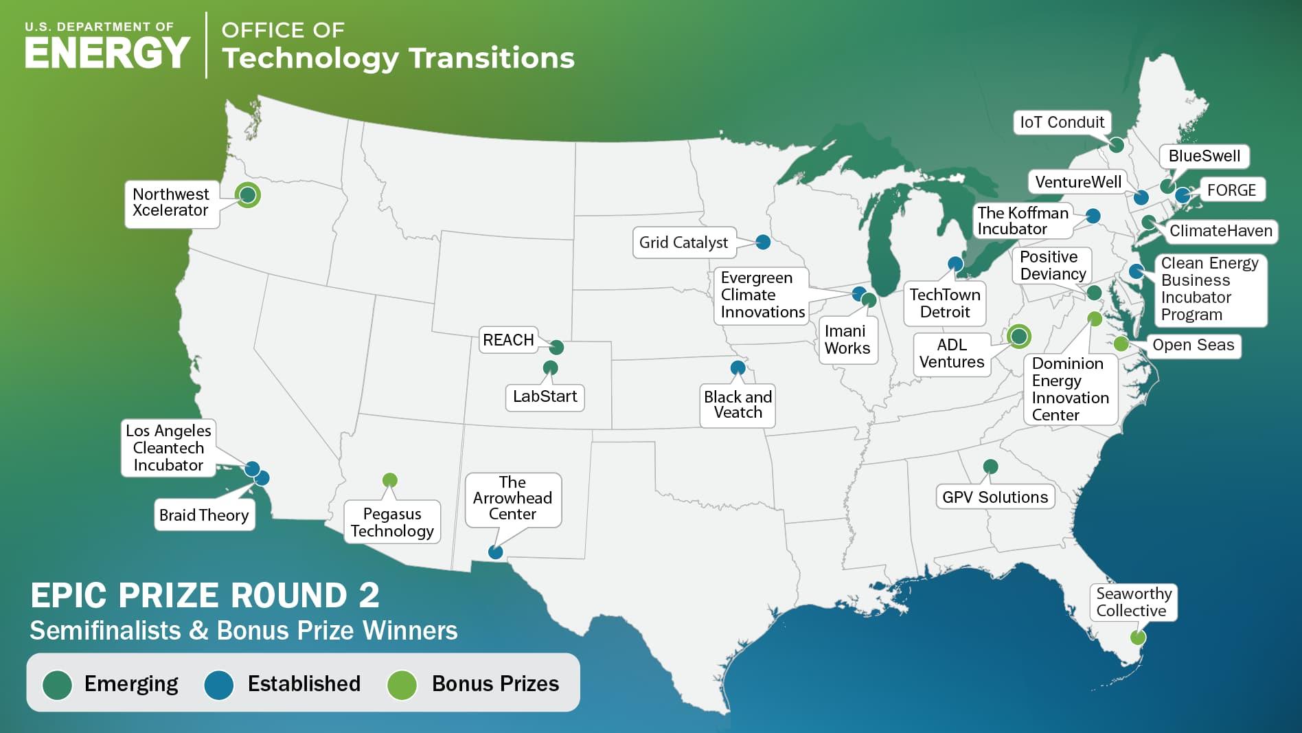 Map of the American-Made Challenges Epic Prize Round 2 winners.