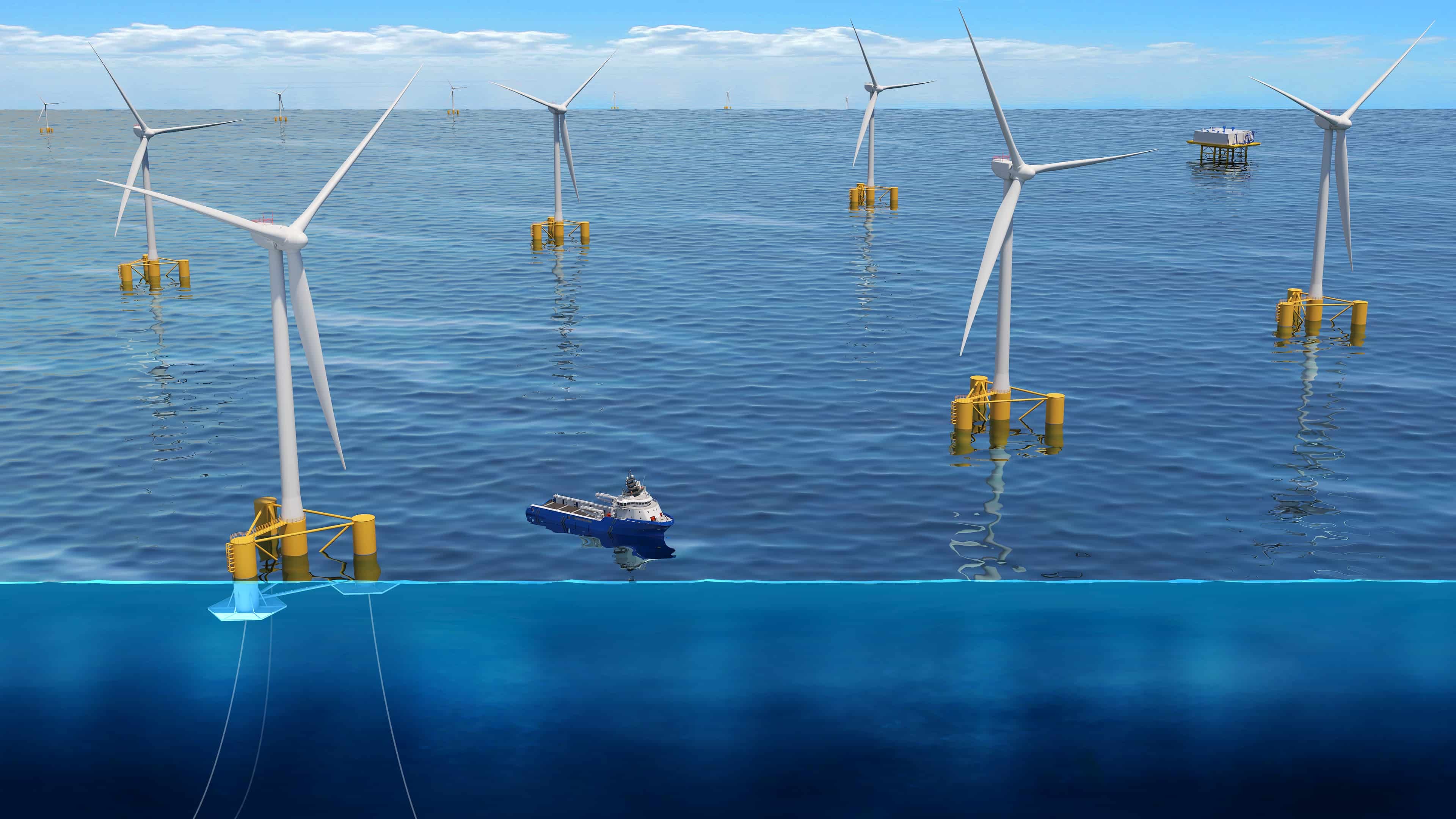 a graphic rendering of multiple floating wind turbines in a body of water and a boat.