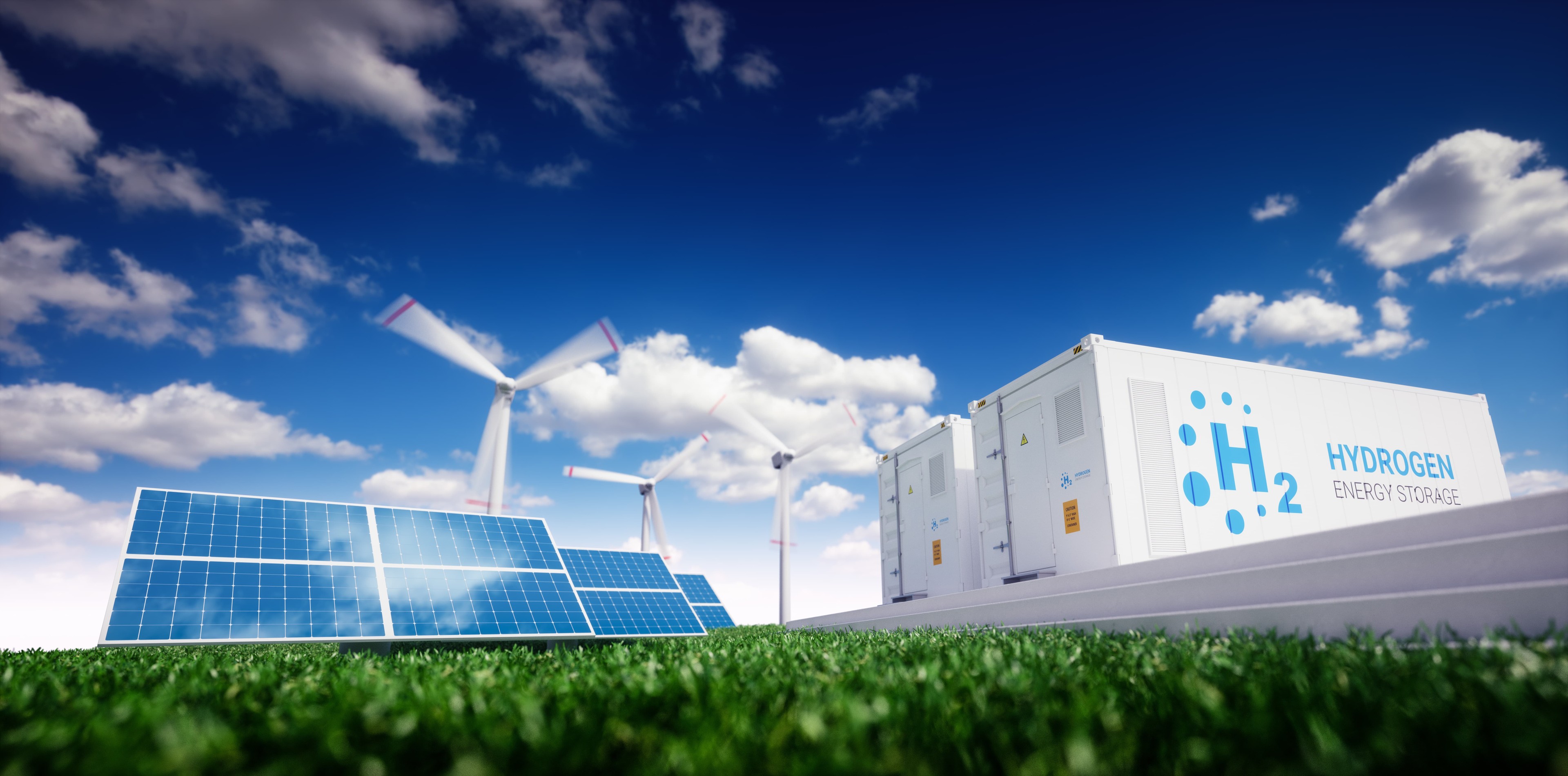 a graphic showing wind turbines and solar photovoltaic panels near hydrogen storage containers.