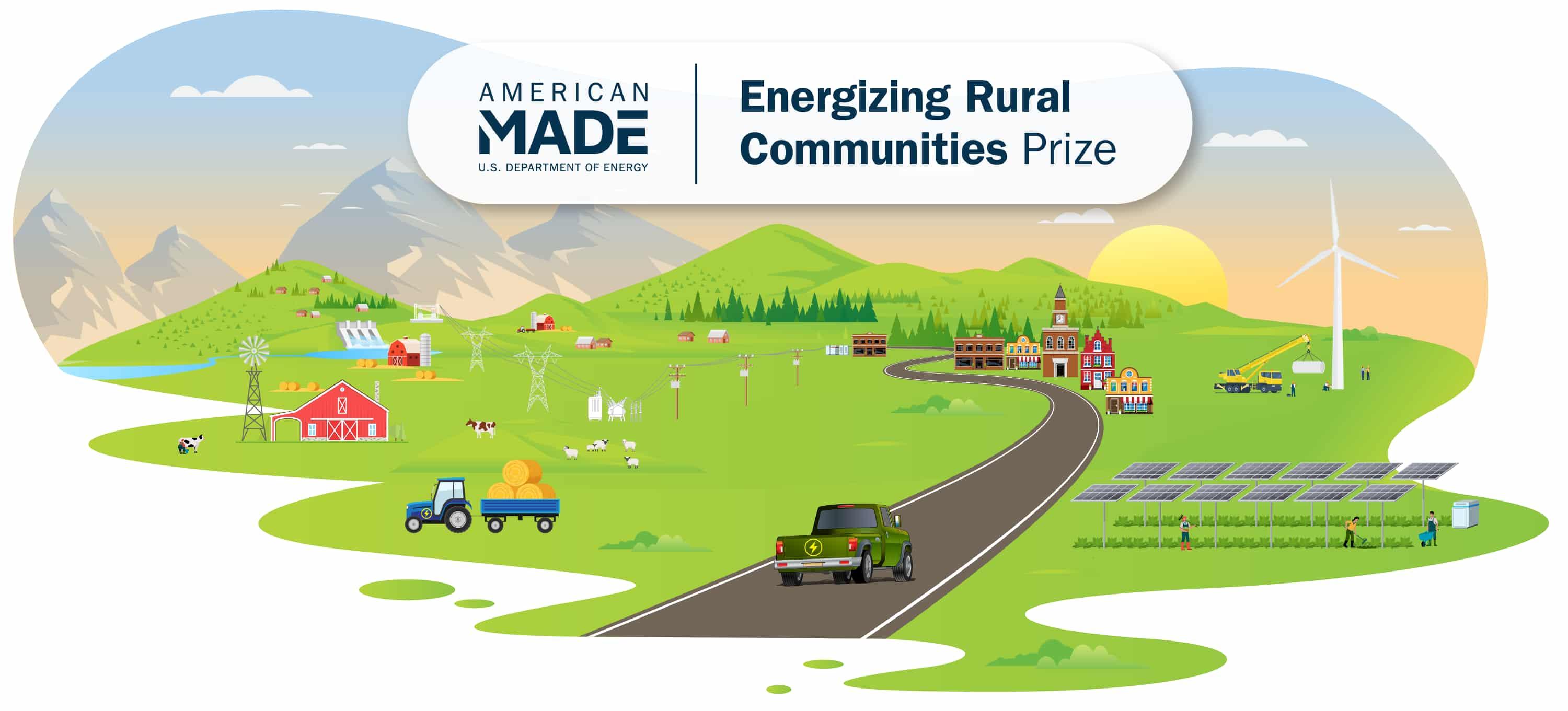 a cartoon illustration of a rural community powered by renewable energy. Text that says American-Made Challenges, and Rural Energy Prize
