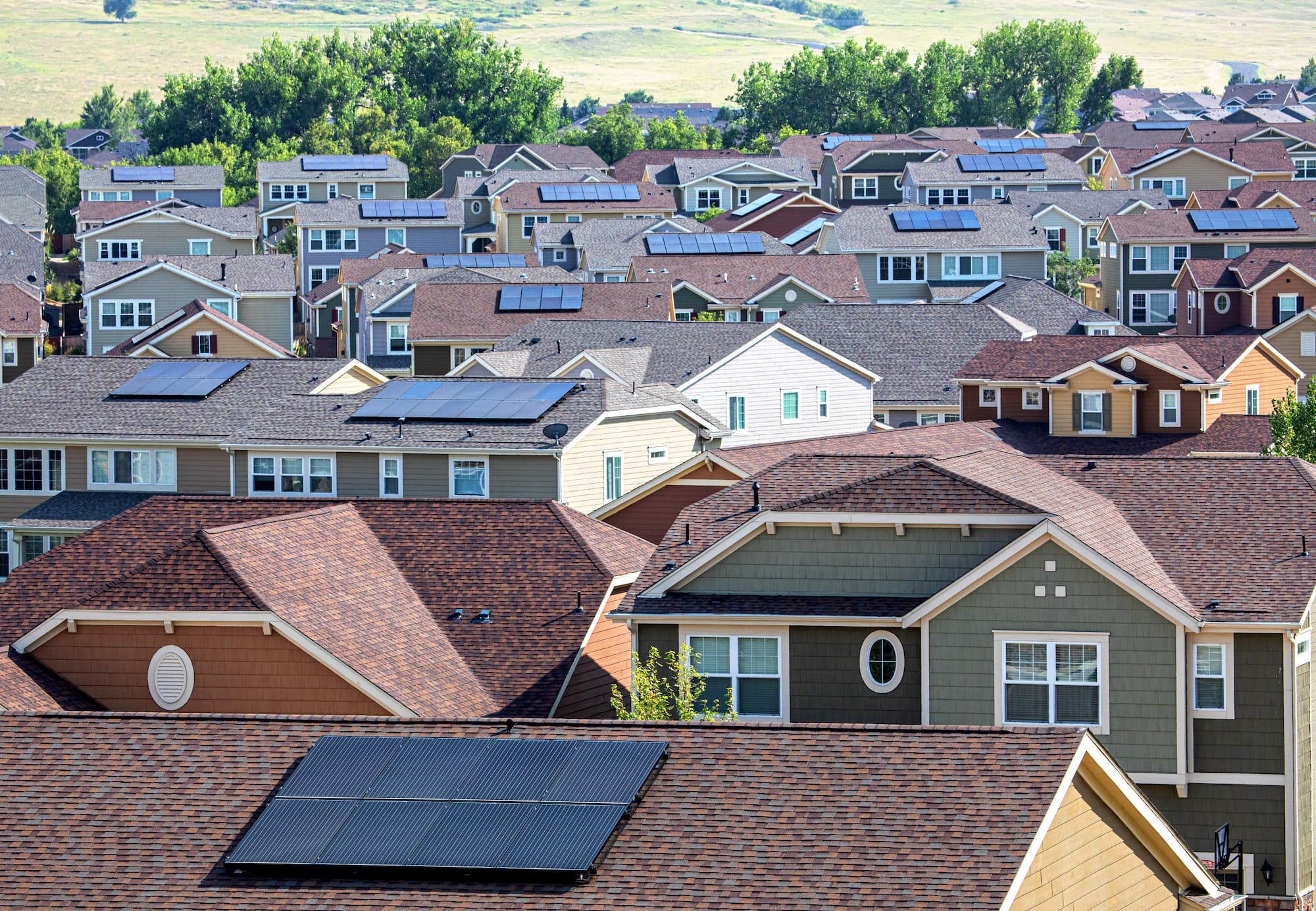 a photo of a residential community with rooftop solar installed on all house roofs.