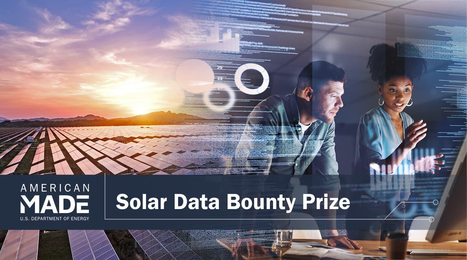 solar panels in a field and people looking at a computer. Solar Data Bounty Prize