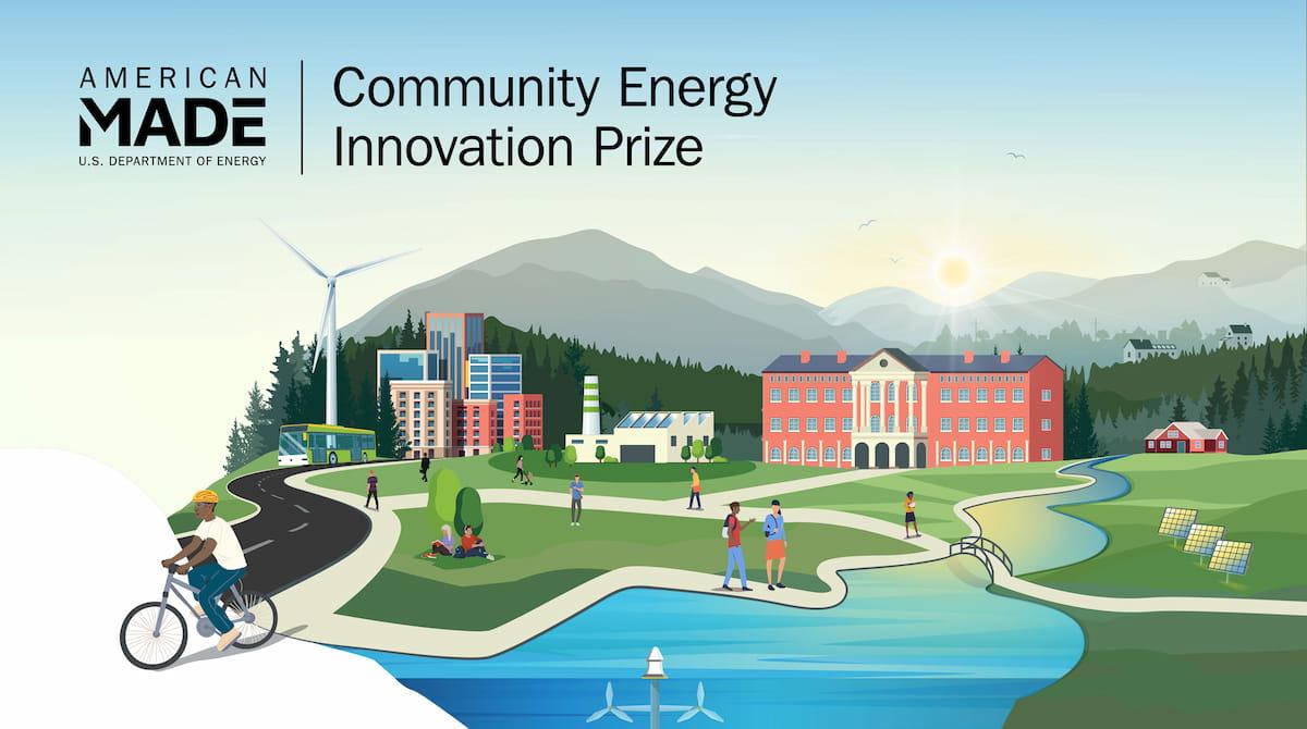 a cartoon illustration of a rural community powered by renewable energy. Text that says American-Made Challenges, and Rural Energy Prize
