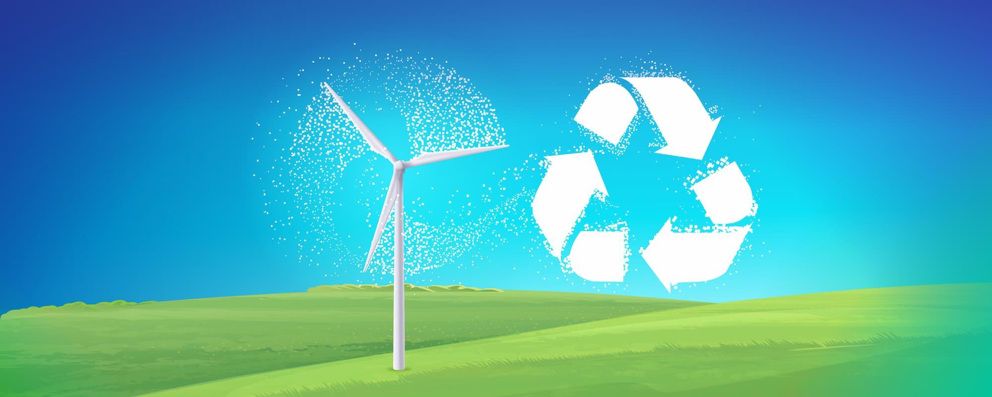 wind turbine and recycling sign in a field