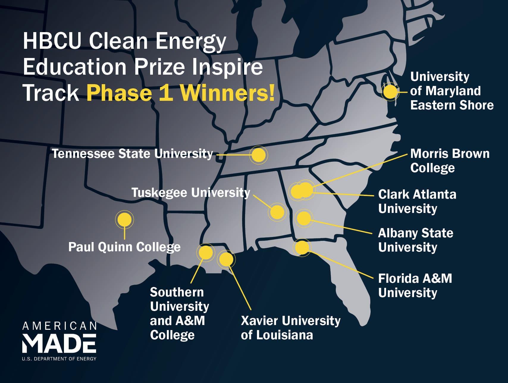 map with winners from American-Made Challenges HBCU Prize Inspire Track