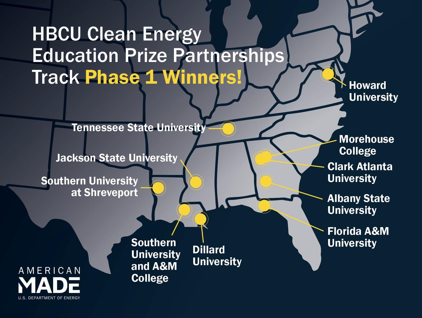 map with winners from American-Made Challenges HBCU Prize Partnerships Track