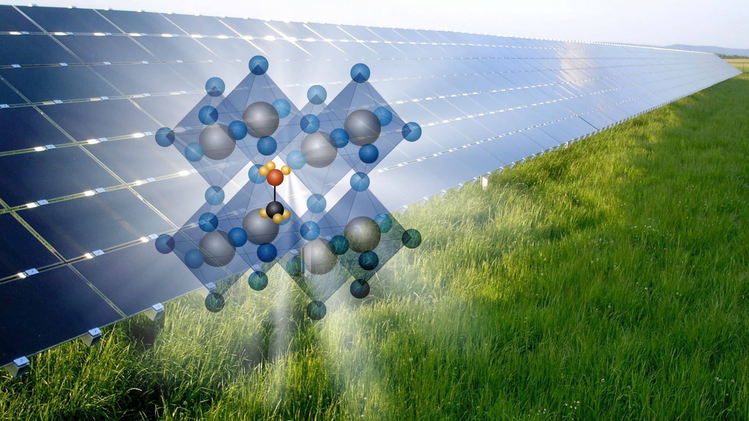 Graphic image of a silicon structure laid over a solar photovoltaic array.
