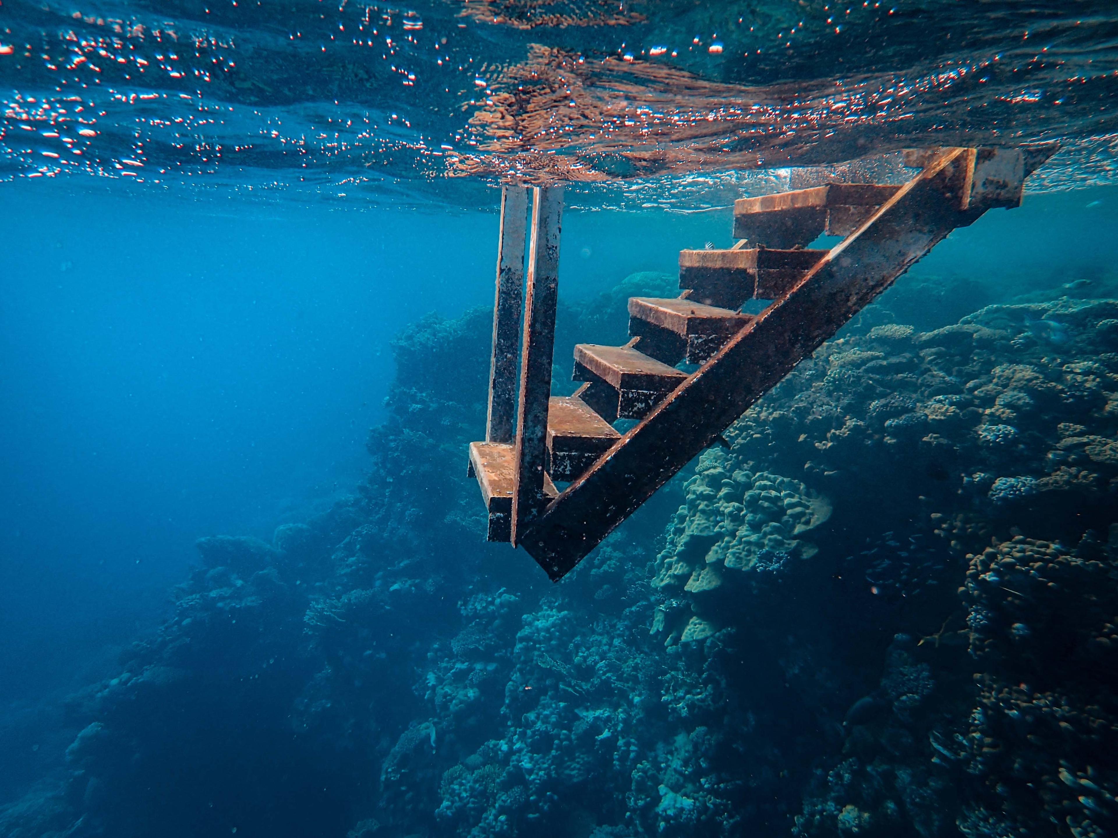 A rusty stairway under sea water.