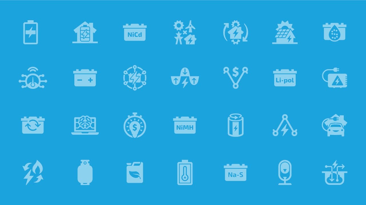 a blue graphic with renewable energy icons in a grid