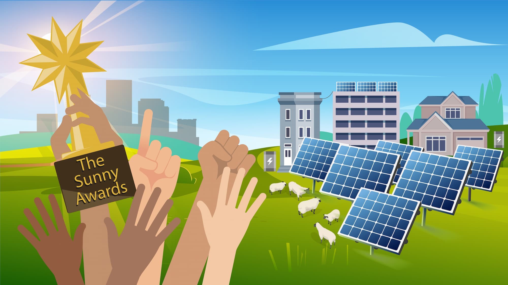 a graphic illustration of various skin tone hands holding a trophy labeled sunny awards with solar panels and a community in the background