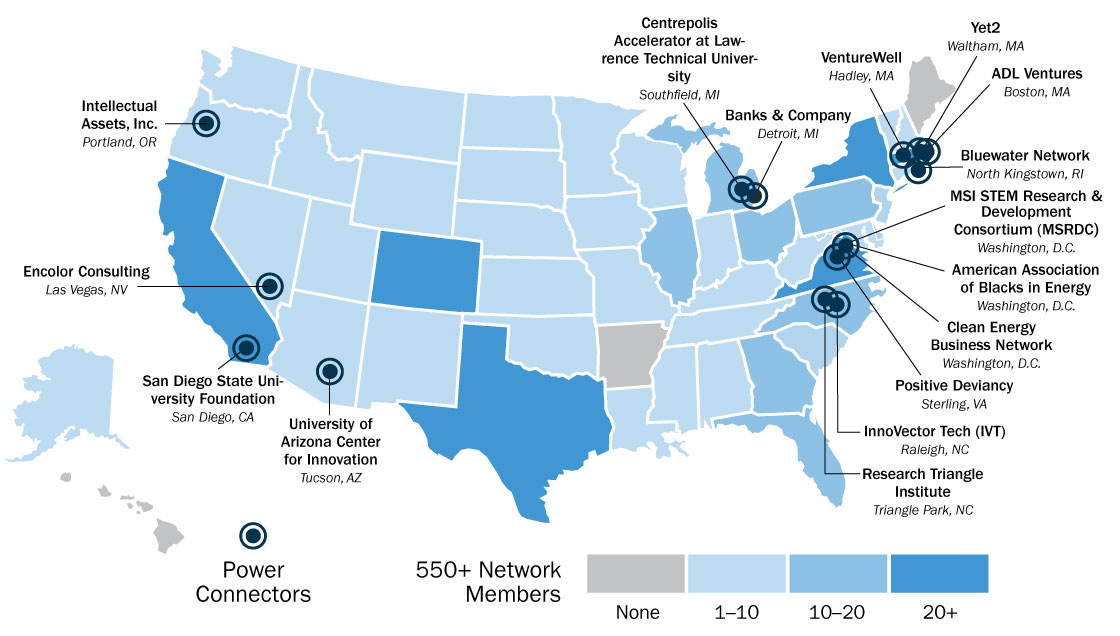 A U.S. map denoting locations of current American-Made program Power Connectors. See a full list of members and locations below